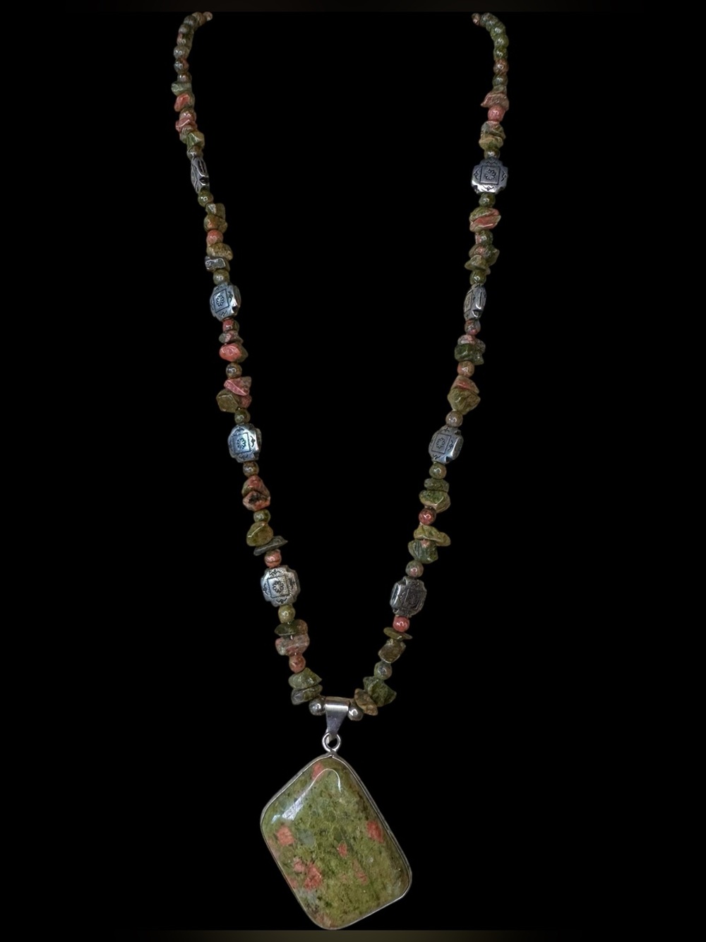 Vintage Genuine Unakite Jasper Stone Pendant Necklace